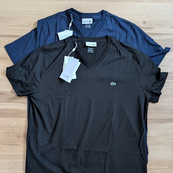 NWT Pack 2 Lacoste Pima Cotton V-neck T-Shirts 1 Black 1 Navy Men’s XL